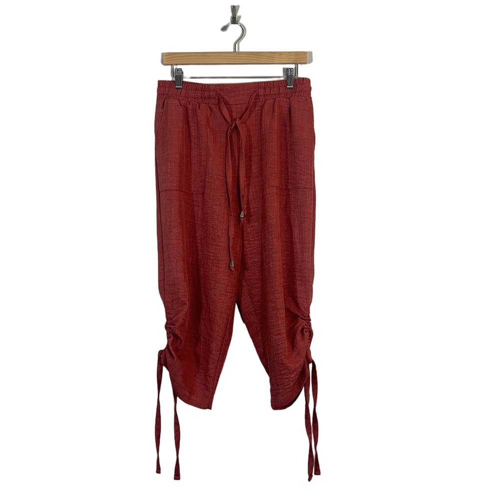 3rd + Malt Ruched Tie Hem Textured Cropped Jogger Pants Rust Red Size L